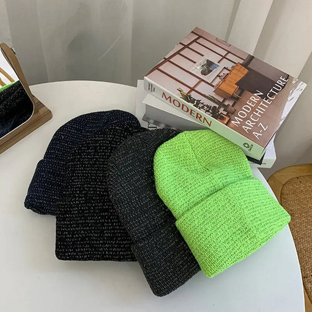 Warm Women's Reflective Beanie Hat Black Grey Winter Autumn Knitted Hat Czapka Zimowa Sombreros De Mujer Chapeau Femme - Memoriex 