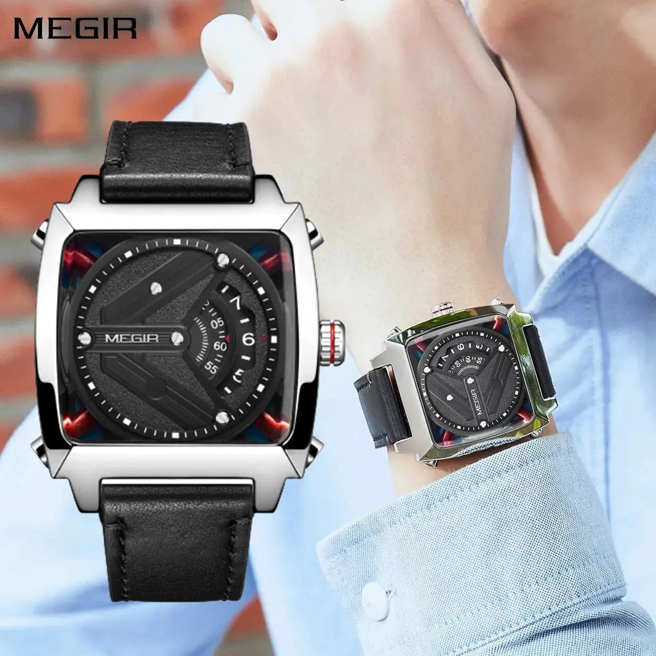 MEGIR Watches for Men Leather Strap Automatic Mechanical Watch Waterproof Business Casual Wristwatch Date Clock Montre Homme-0