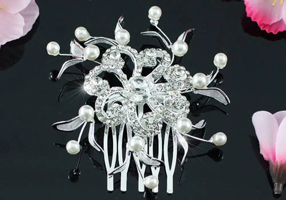 Wedding Flower Crystal Pearl Hair Comb XT1343-0