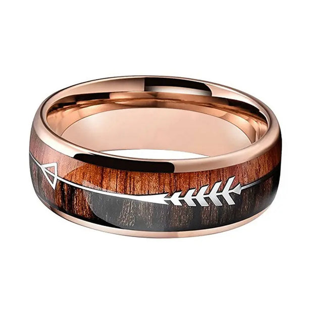 Wedding Rings For Men And Women Rose Gold Tungsten Wedding Band With Arrow And Double Woods Inlay - Memoriex 