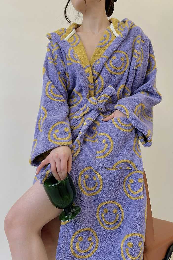 Whimsy Funky Smiley Face Hooded Robe - Soft 100% Organic Long-stapled Cotton - Memoriex 