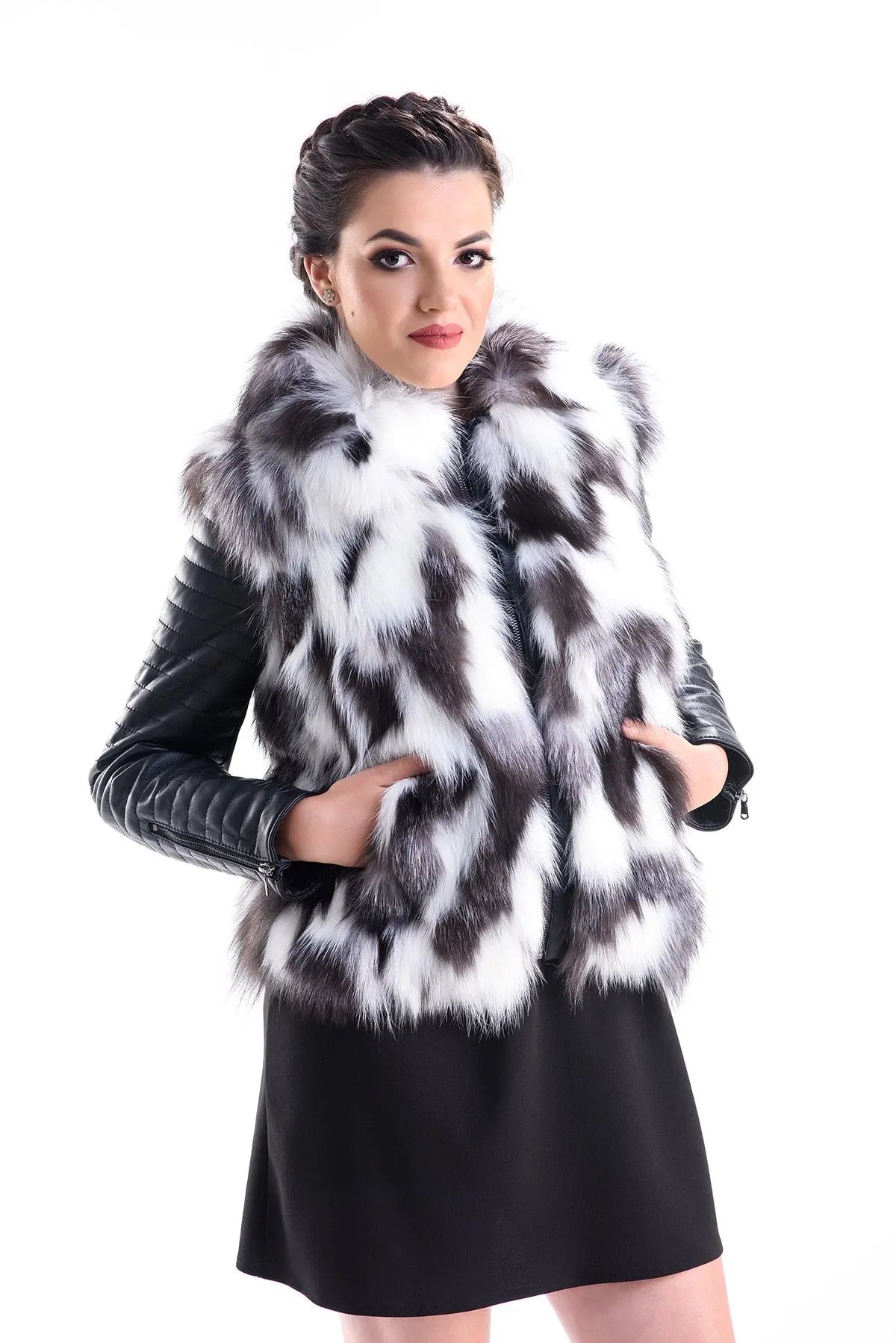 White Black Genuine Arctic Fox Fur Lamb Nappa Leather Jacket-0