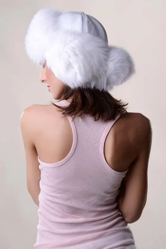 White Genuine Arctic Fox Fur Hat with Lamb Nappa Leather-1