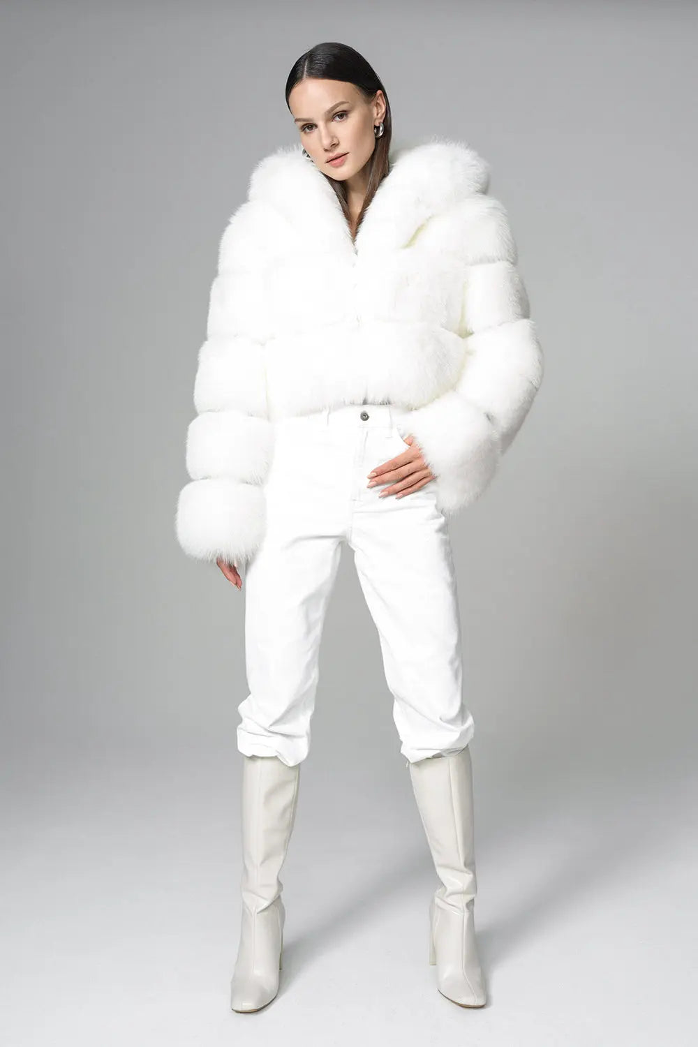 White Hooded Arctic Fox Raccoon Fur Jacket-3