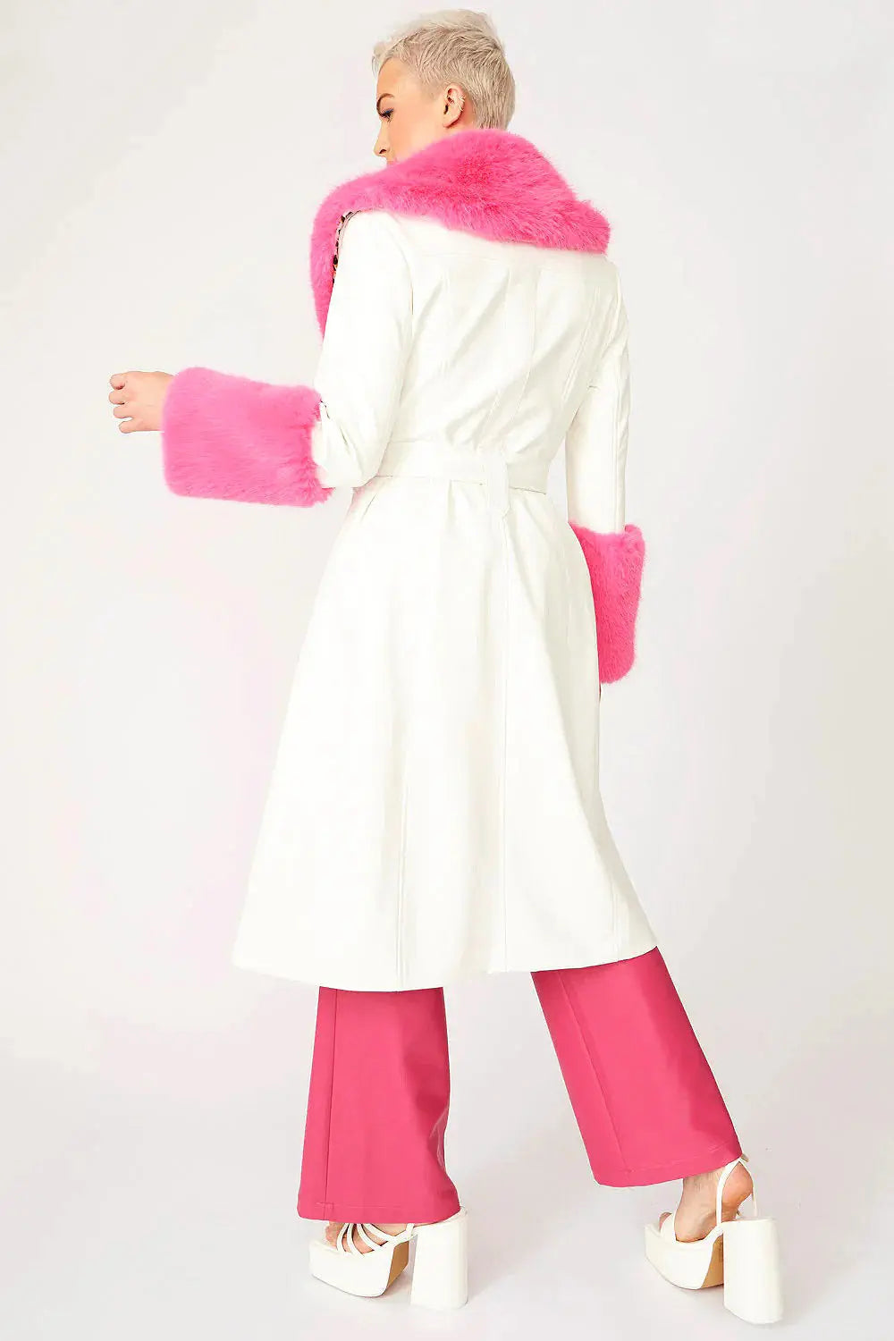 White Pink Faux Leather Trench Coat with Faux Fur Collar and Cuffs-3