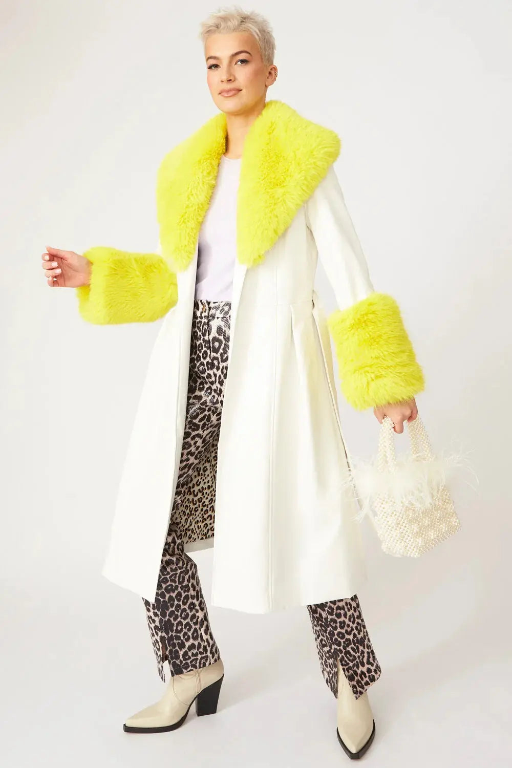 White Yellow Faux Leather Trench Coat with Faux Fur Collar and Cuffs-0