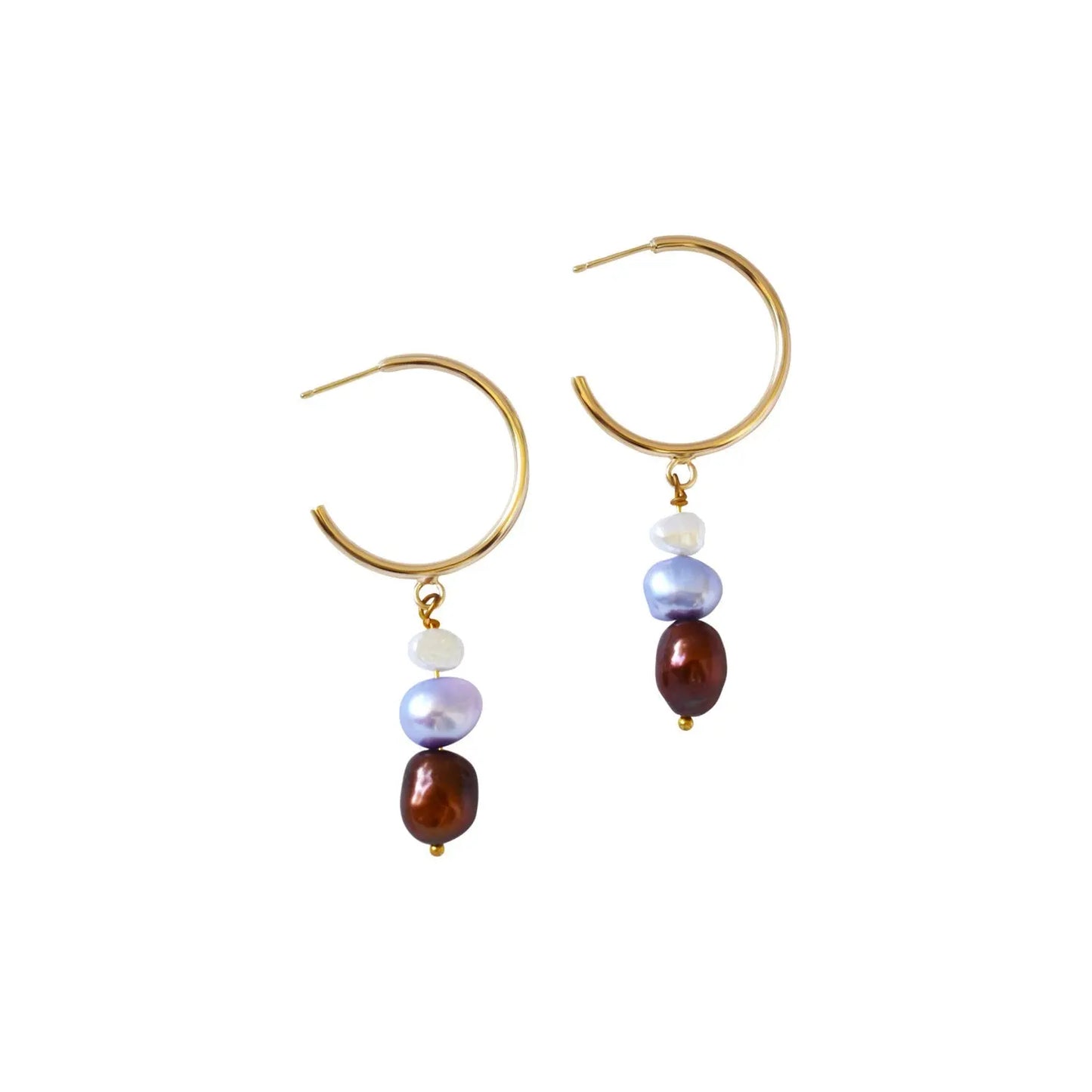 White, purple, and bronze freshwater pearl gold-plated brass hoop earrings - Memoriex 