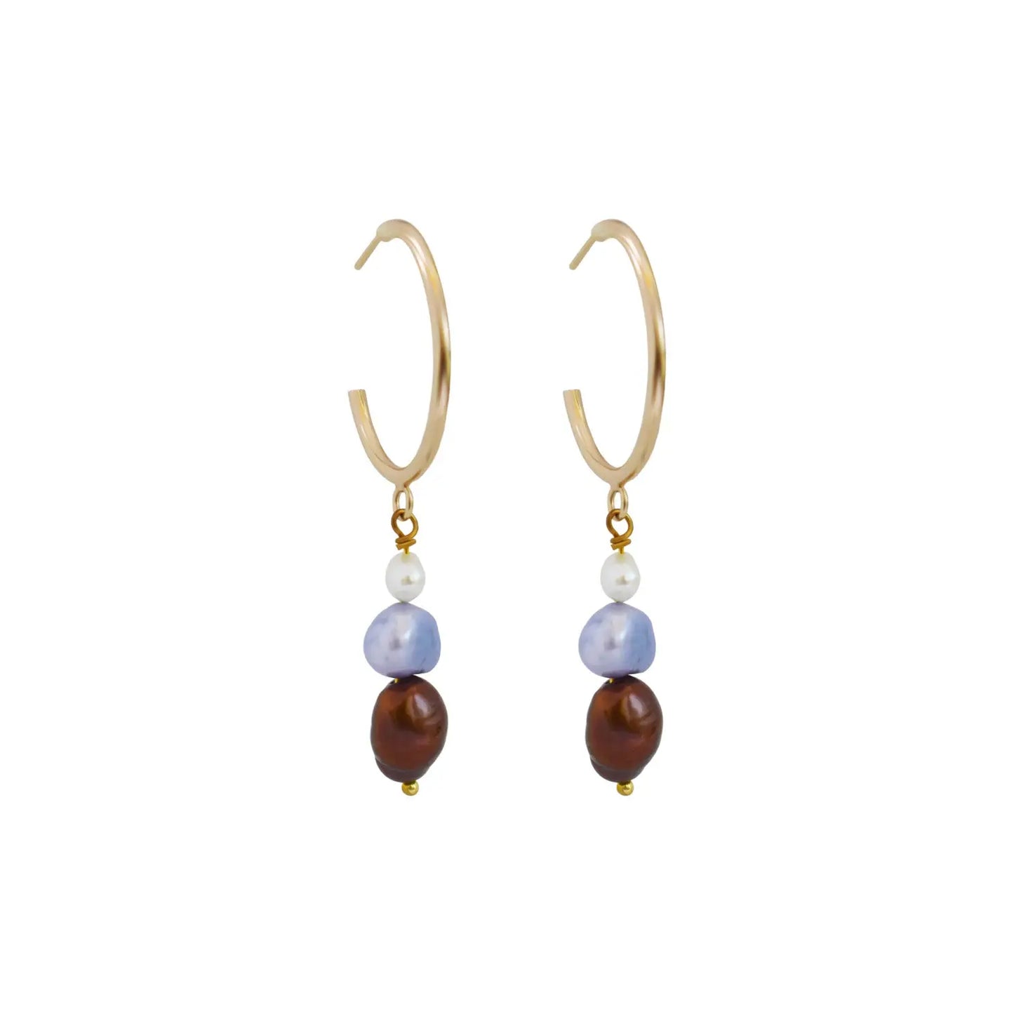 White, purple, and bronze freshwater pearl gold-plated brass hoop earrings - Memoriex 