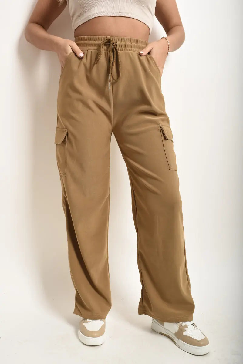 Wide Leg Drawstring Waist Flap Pocket Trouser-0