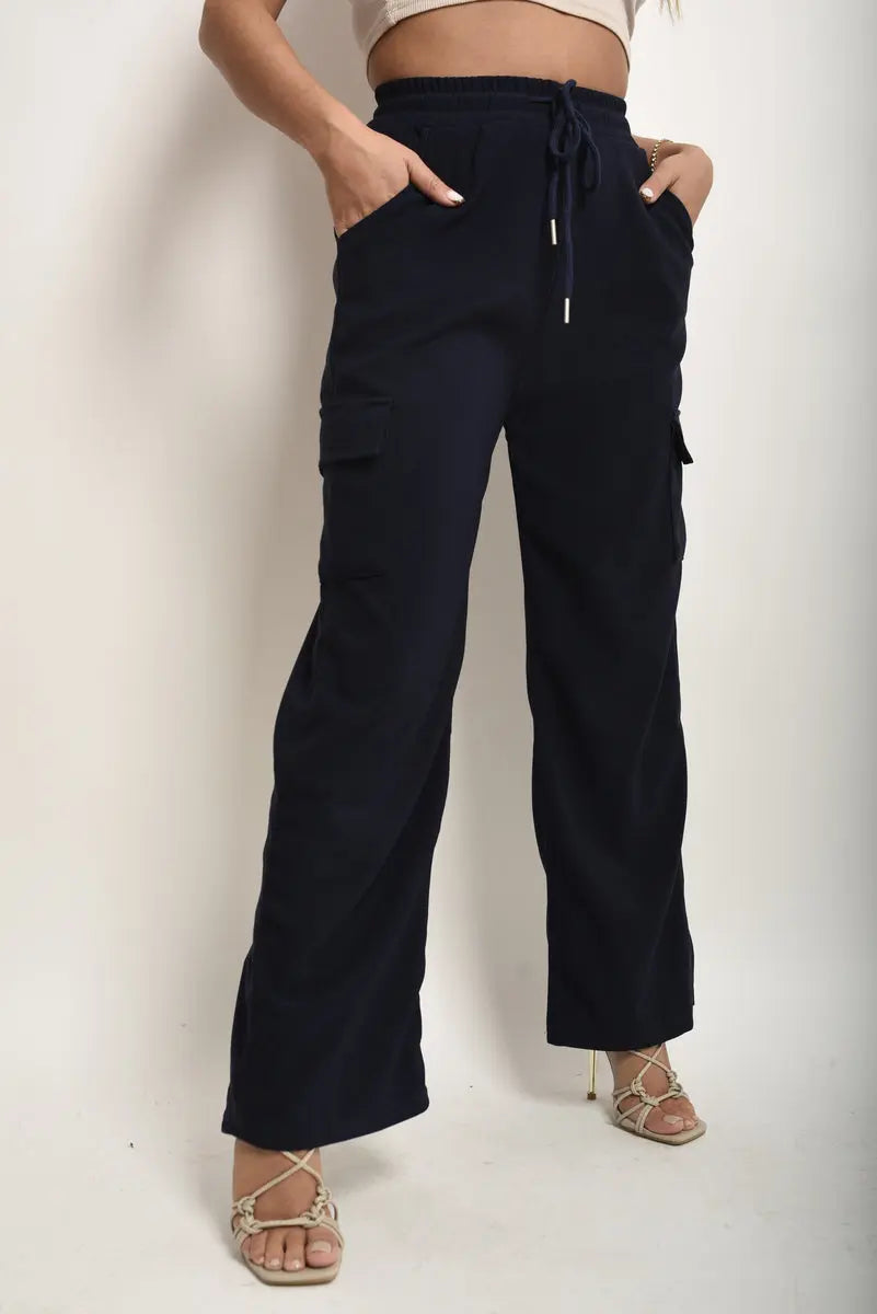 Wide Leg Drawstring Waist Flap Pocket Trouser-6