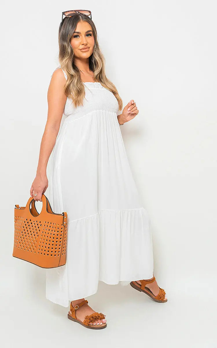 Wide Ruffle Strap Smocked Midi Dress - Memoriex 