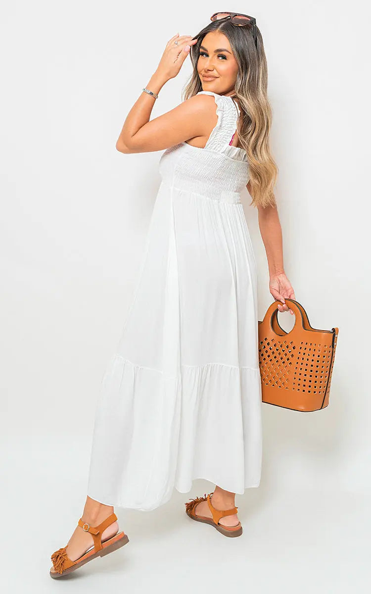 Wide Ruffle Strap Smocked Midi Dress - Memoriex 