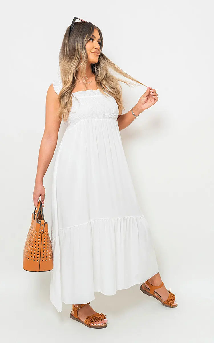 Wide Ruffle Strap Smocked Midi Dress - Memoriex 