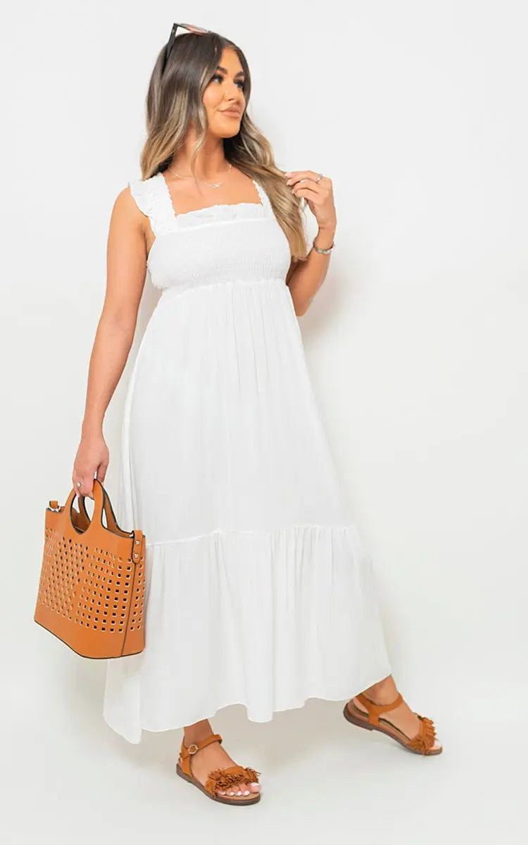 Wide Ruffle Strap Smocked Midi Dress - Memoriex 