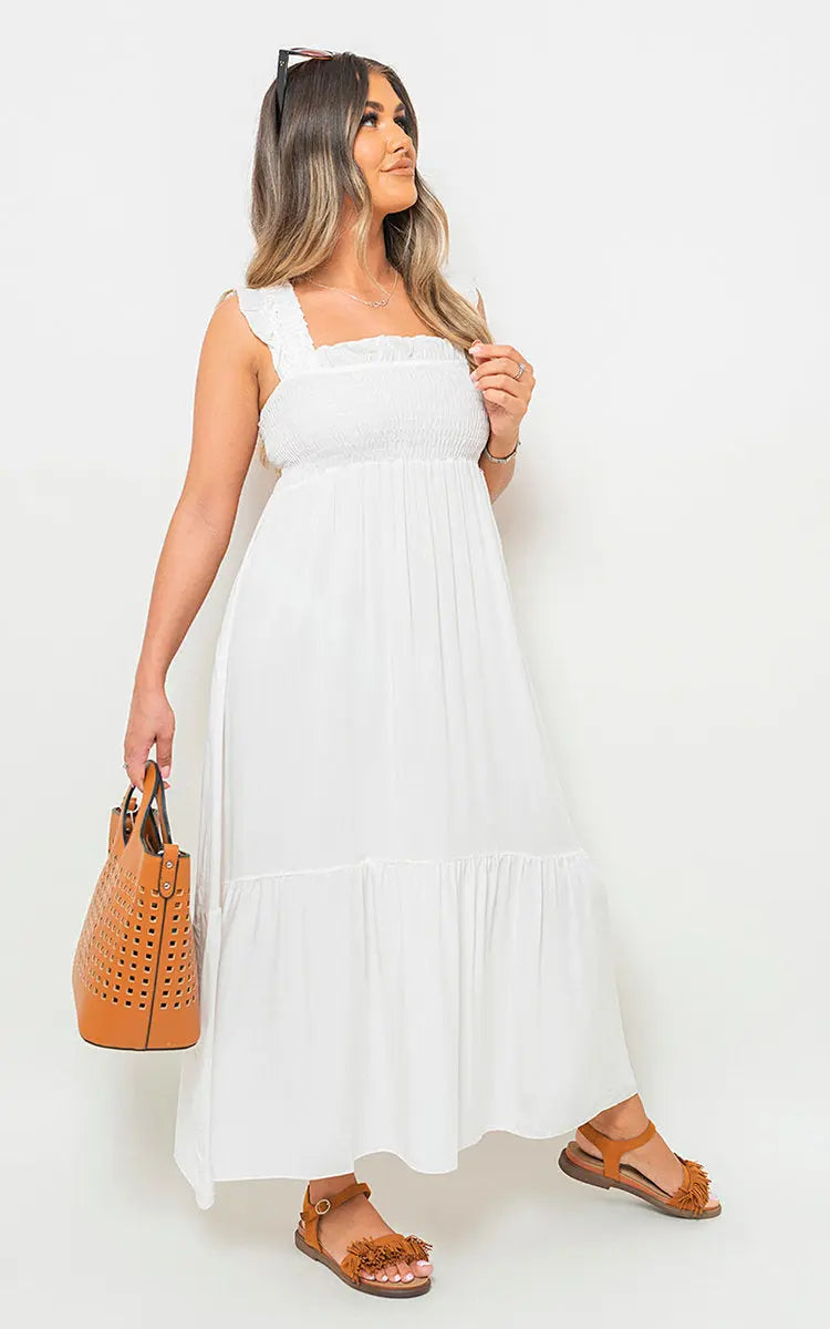 Wide Ruffle Strap Smocked Midi Dress - Memoriex 