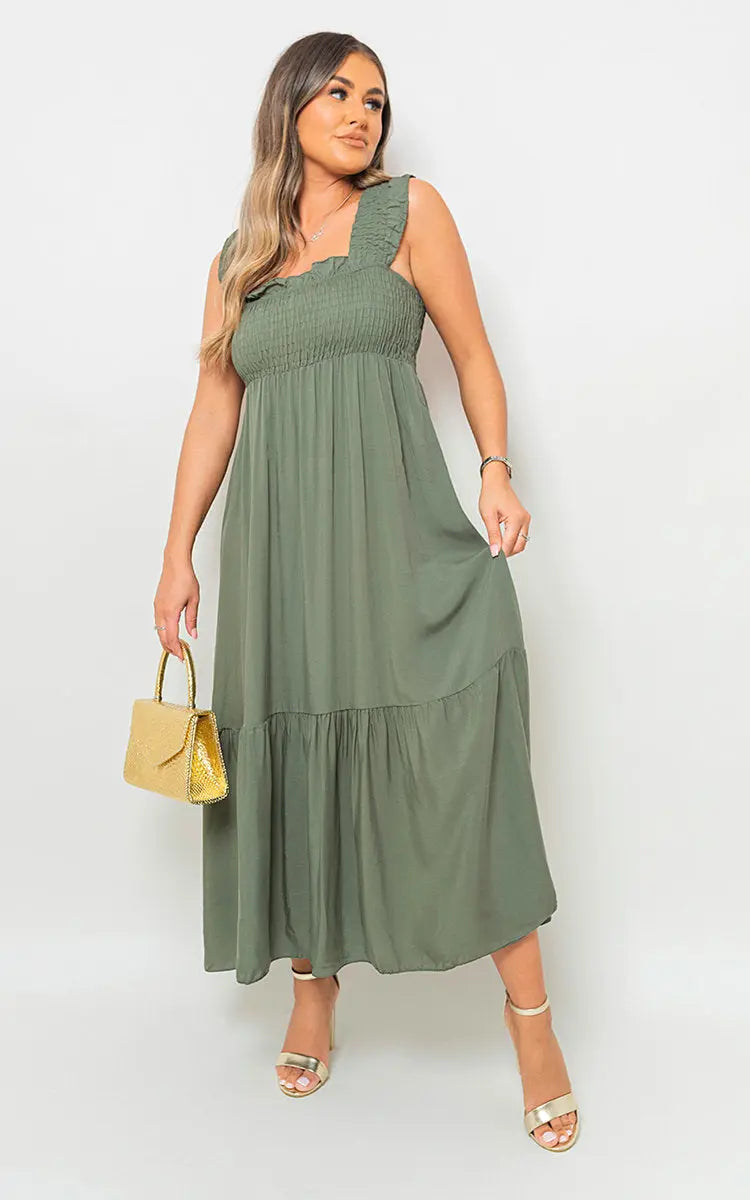 Wide Ruffle Strap Smocked Midi Dress - Memoriex 