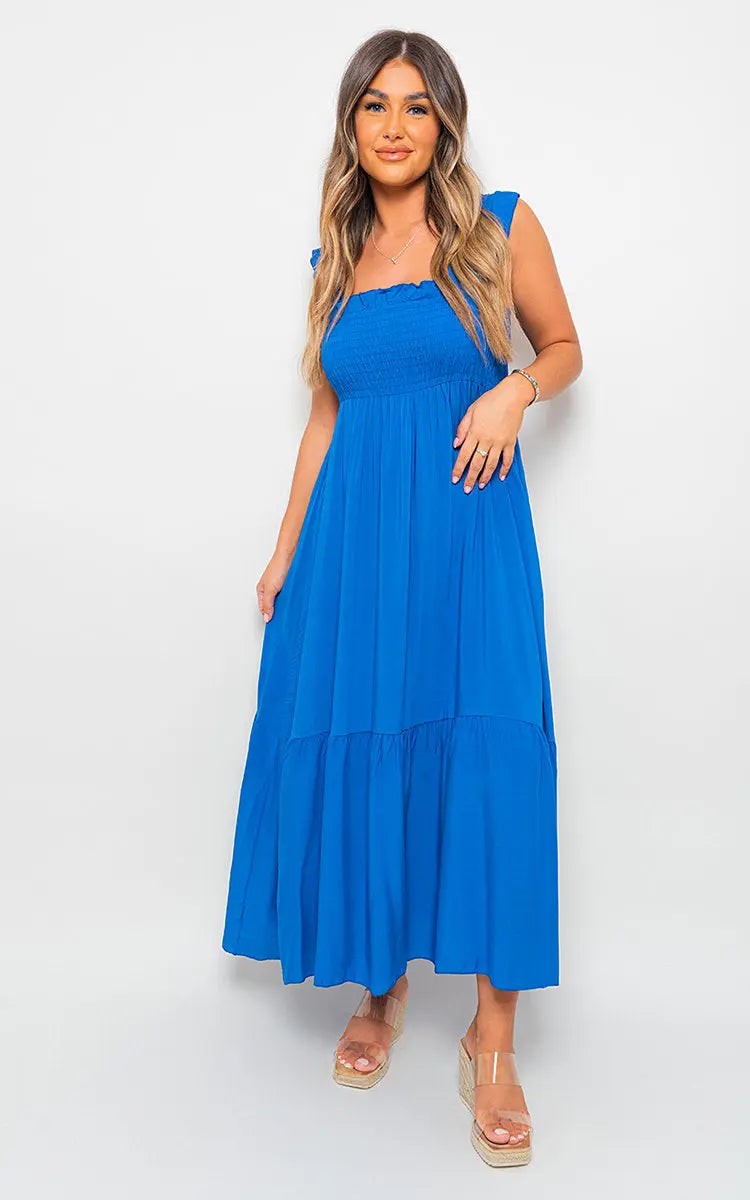 Wide Ruffle Strap Smocked Midi Dress - Memoriex 