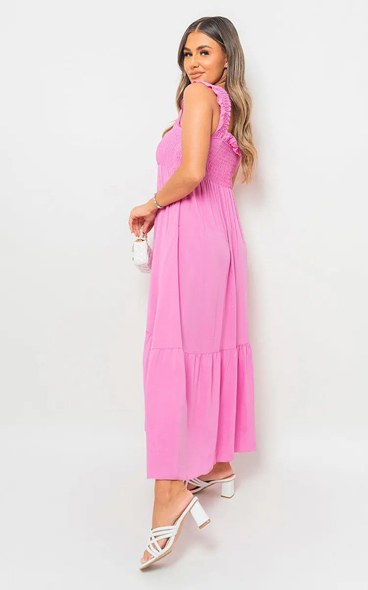 Wide Ruffle Strap Smocked Midi Dress - Memoriex 