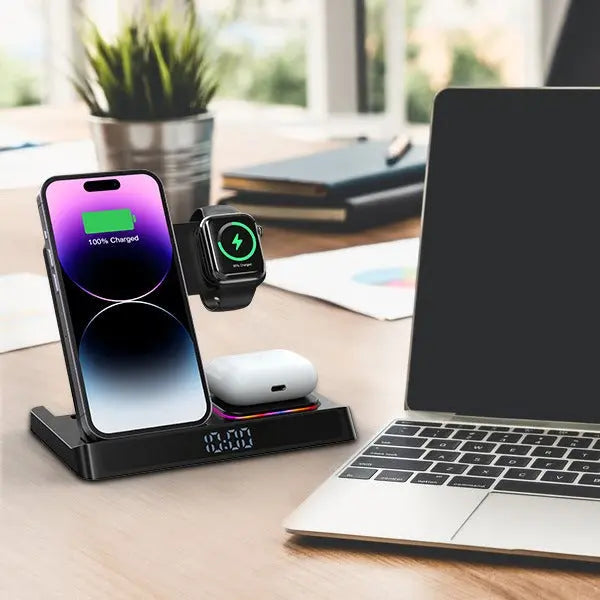 Wireless charging four in one folding clock charging dock suitable for wireless charging of Apple 14 mobile phones and watches - Memoriex 