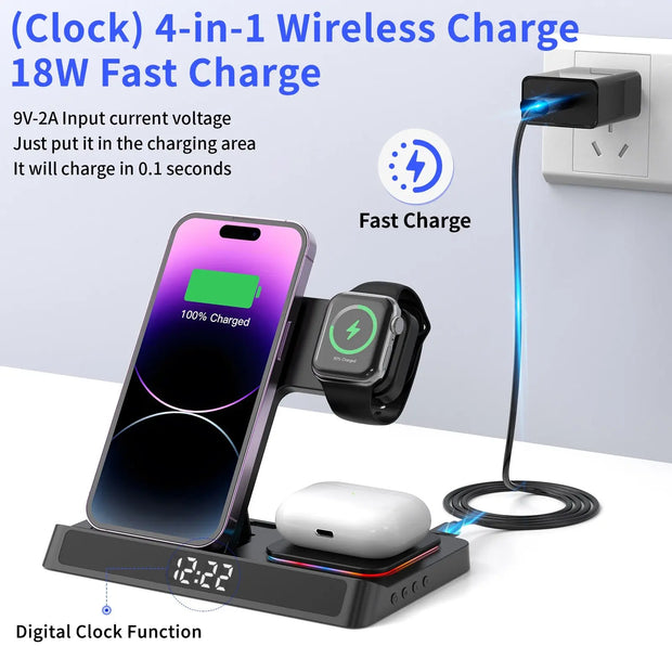 Wireless charging four in one folding clock charging dock suitable for wireless charging of Apple 14 mobile phones and watches - Memoriex 