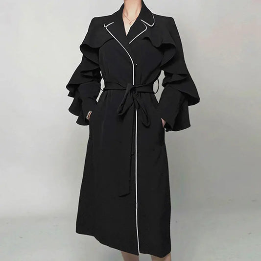 Woman Trench Coat Ruffles Flare Sleeve High Waist With Belt Elegant Super Long Outerwear Casual - Memoriex