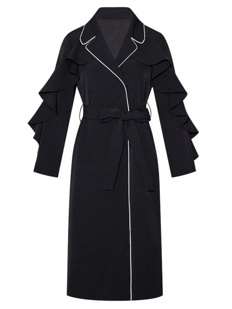 Woman Trench Coat Ruffles Flare Sleeve High Waist With Belt Elegant Super Long Outerwear Casual - Memoriex