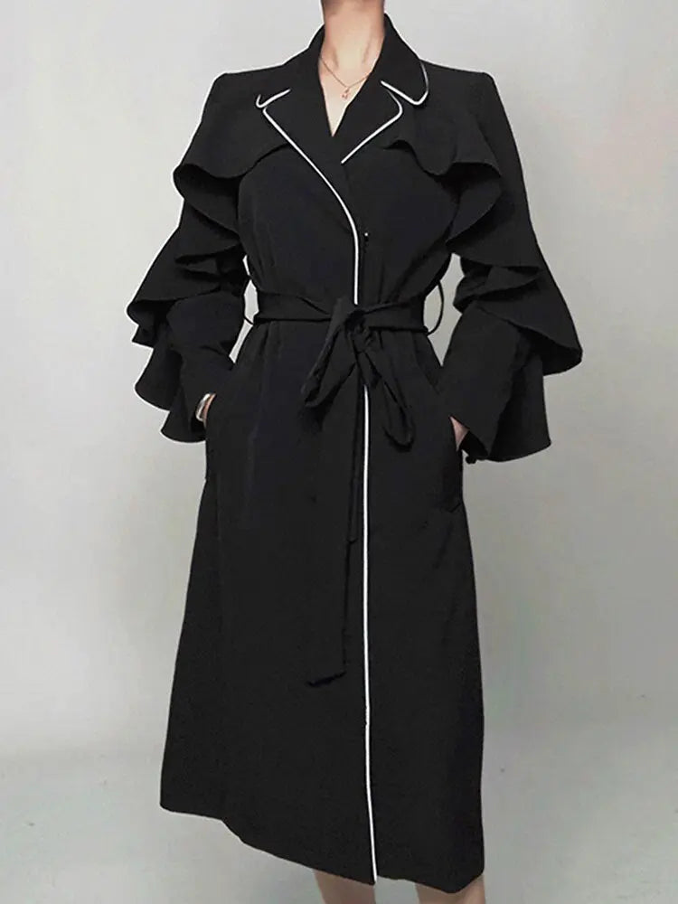 Woman Trench Coat Ruffles Flare Sleeve High Waist With Belt Elegant Super Long Outerwear Casual - Memoriex