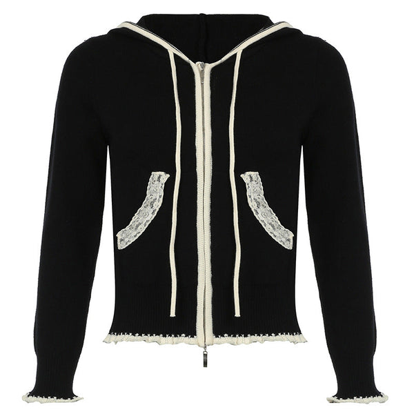 Women's Clothing Niche Casual Lace Stitching Woolen Hooded Sweater - Memoriex 