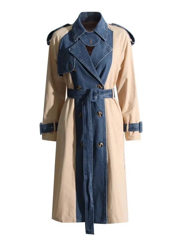 Women's Denim Trench Coat Contrast Color Patchwork Epaulet Double Breasted Long Khaki Windbreak - Memoriex