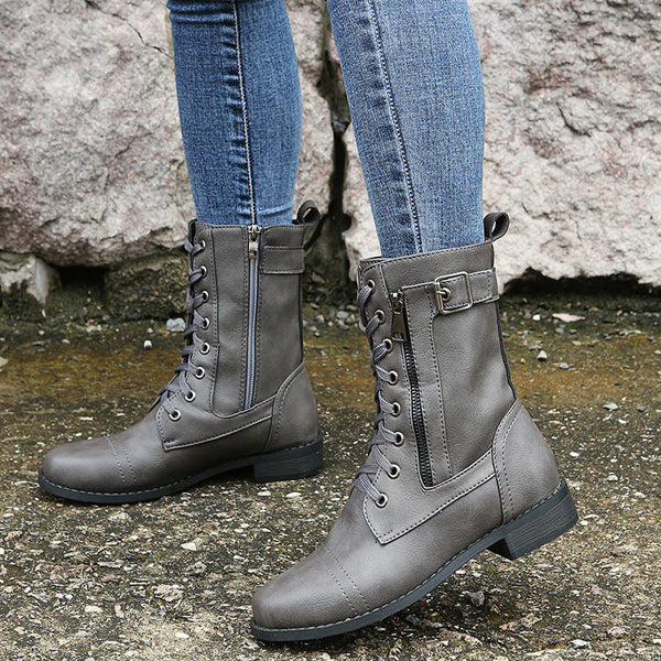 Women's Lace Up Solid Color Low Heel Middle Boots - Memoriex 