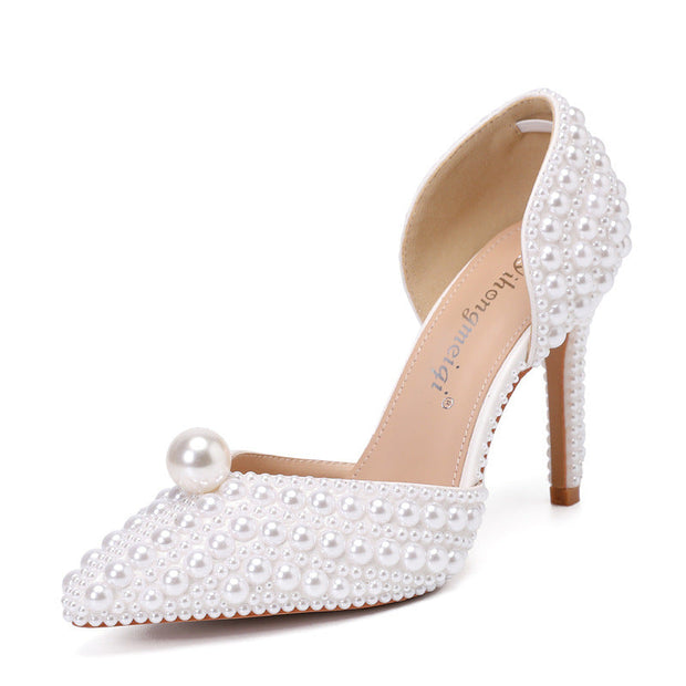 Women's Low-cut Pointed-toe Stilettos Pearl Wedding Shoes - Memoriex 