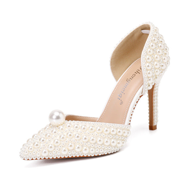 Women's Low-cut Pointed-toe Stilettos Pearl Wedding Shoes - Memoriex 