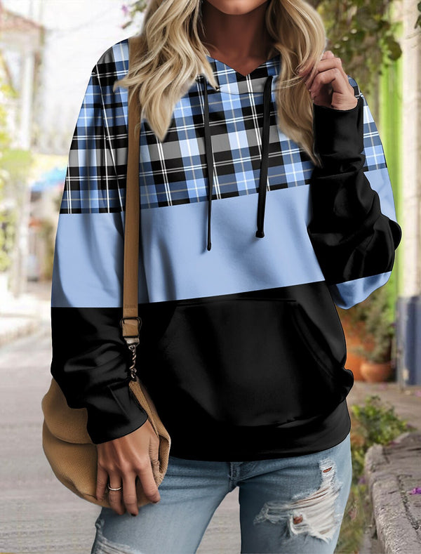 Women's Pullover Plaid Color Block Hoodie Long Sleeve - Memoriex 
