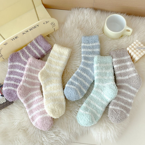 Women's Striped Socks Extra Thick No Hair Shedding Coral Fleece Socks - Memoriex 