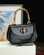 Womens  Crocodile Leather Small Bamboo Top Handle Cross Body Bag-0
