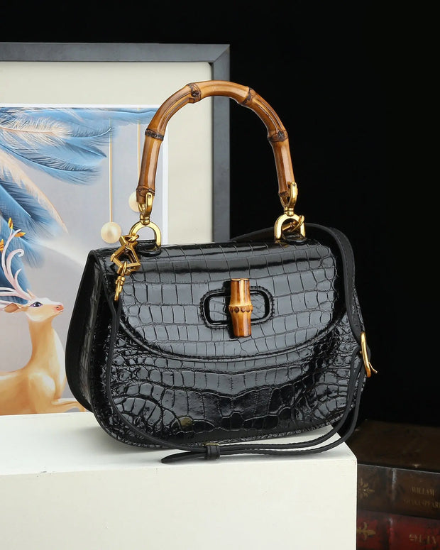 Womens  Crocodile Leather Small Bamboo Top Handle Cross Body Bag-0
