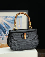 Womens  Crocodile Leather Small Bamboo Top Handle Cross Body Bag-1