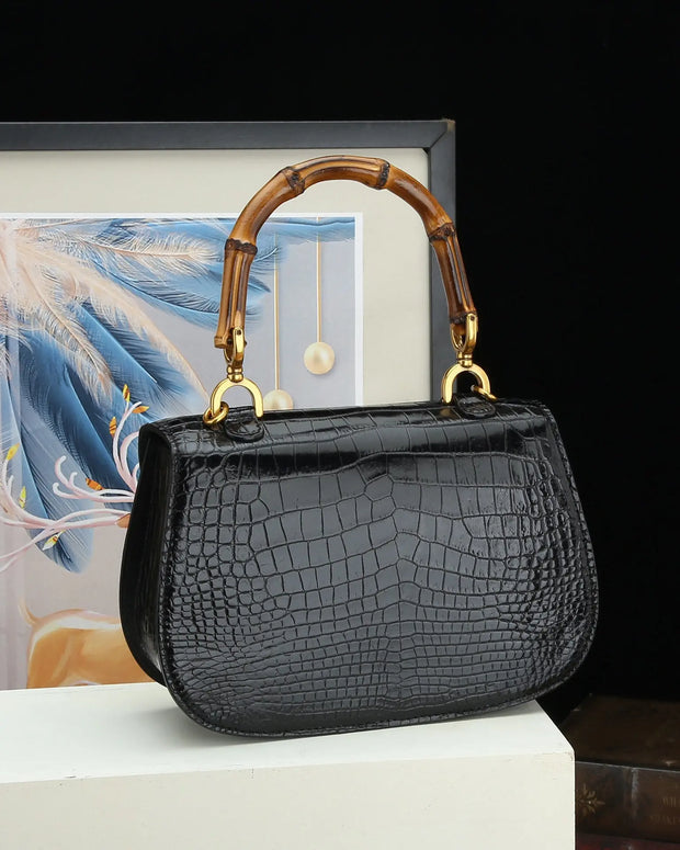 Womens  Crocodile Leather Small Bamboo Top Handle Cross Body Bag-2