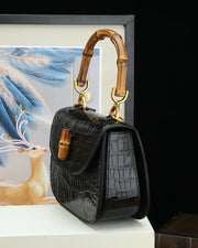 Womens  Crocodile Leather Small Bamboo Top Handle Cross Body Bag-3