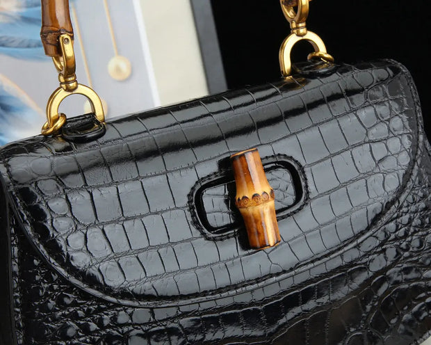 Womens  Crocodile Leather Small Bamboo Top Handle Cross Body Bag-4
