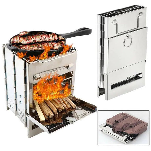 Wood Burning Camp Stove Folding Stainless Steel BBQ Outdoor Survival-0