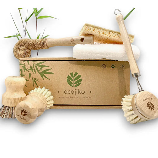 Wooden Dish Brush & Cleaning Gift Set | Natural Sustainable Bamboo Plant Based Brushes, Cloth and Cellulose Sponge-0