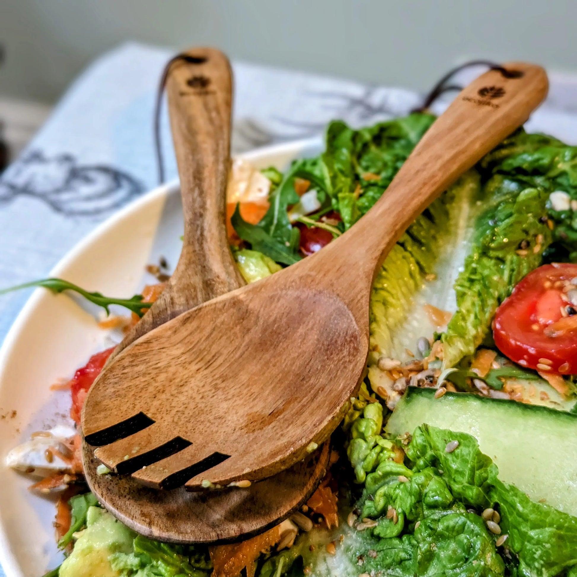 Wooden Summer Salad Servers | Sustainable Acacia Natural Food Servers with Hang Tie-2