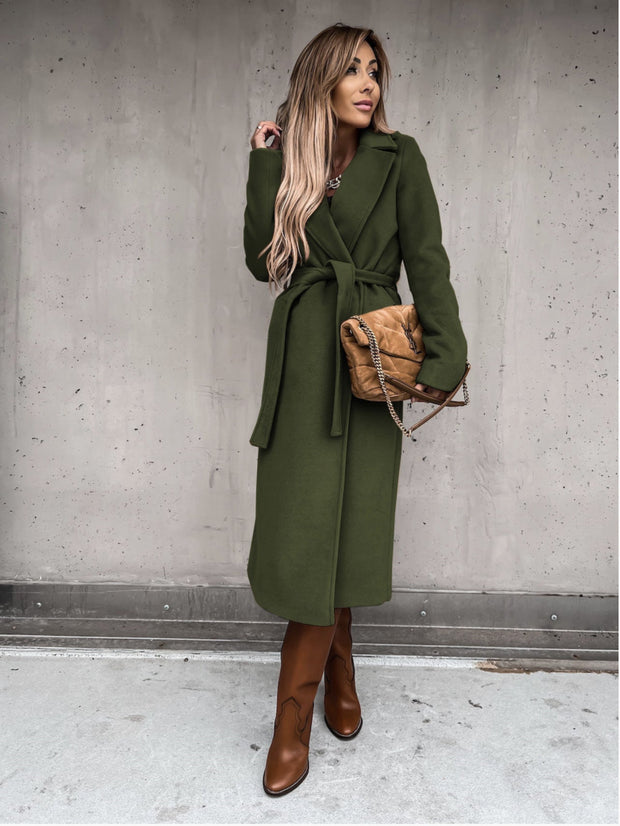 Woolen Coat Simple Fashion V-neck Lace Up Long Coat For Women - Memoriex 