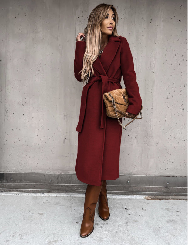 Woolen Coat Simple Fashion V-neck Lace Up Long Coat For Women - Memoriex 