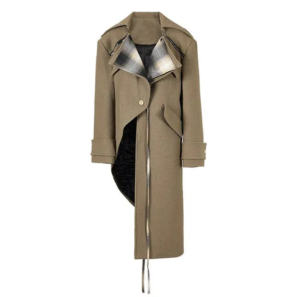 Woollen Coat | Colour-block Irregular Plaid |  Big Size  Parkas New Lapel Long Sleeve Women - Memoriex 
