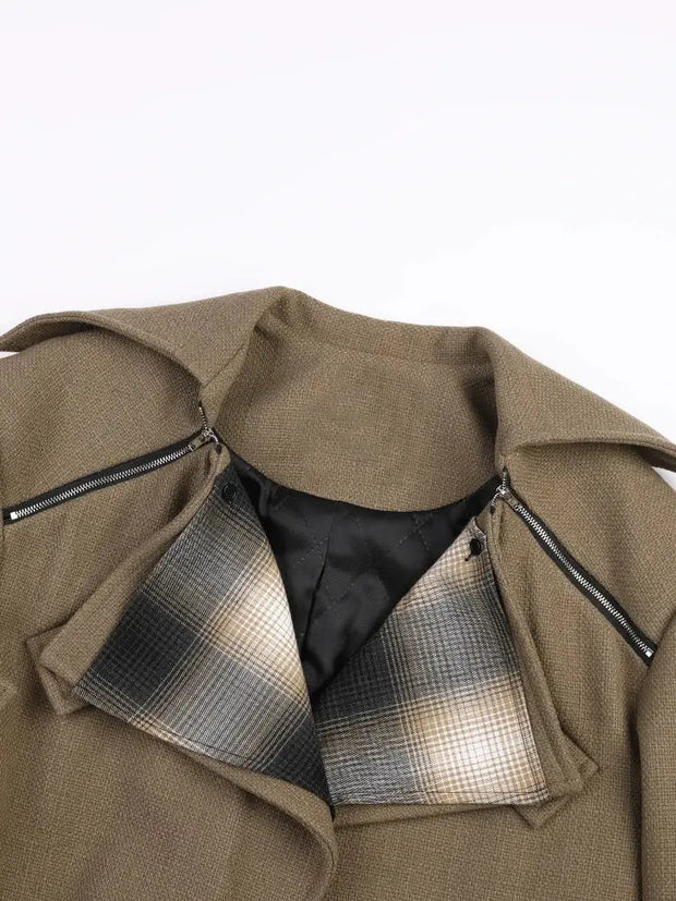 Woollen Coat | Colour-block Irregular Plaid |  Big Size  Parkas New Lapel Long Sleeve Women - Memoriex 