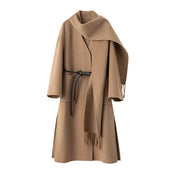 Woollen Long Coat | Women Tassel Scarf Collar Belt Gathered Waist - Memoriex 