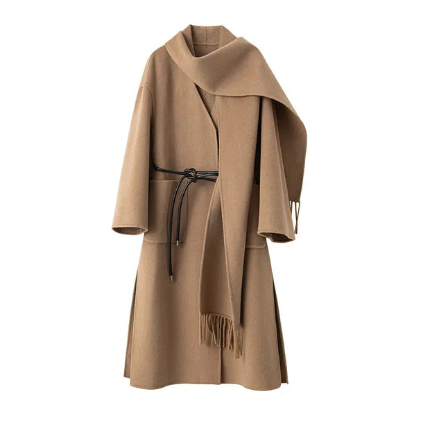 Woollen Long Coat | Women Tassel Scarf Collar Belt Gathered Waist - Memoriex 