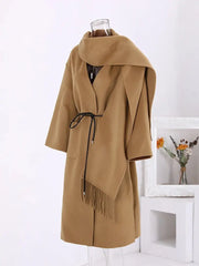 Woollen Long Coat | Women Tassel Scarf Collar Belt Gathered Waist - Memoriex 
